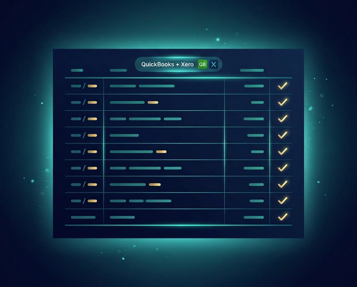 Editorial illustration of a reconciled transaction ledger with gold checkmarks and a QuickBooks + Xero compatibility badge on a deep navy background