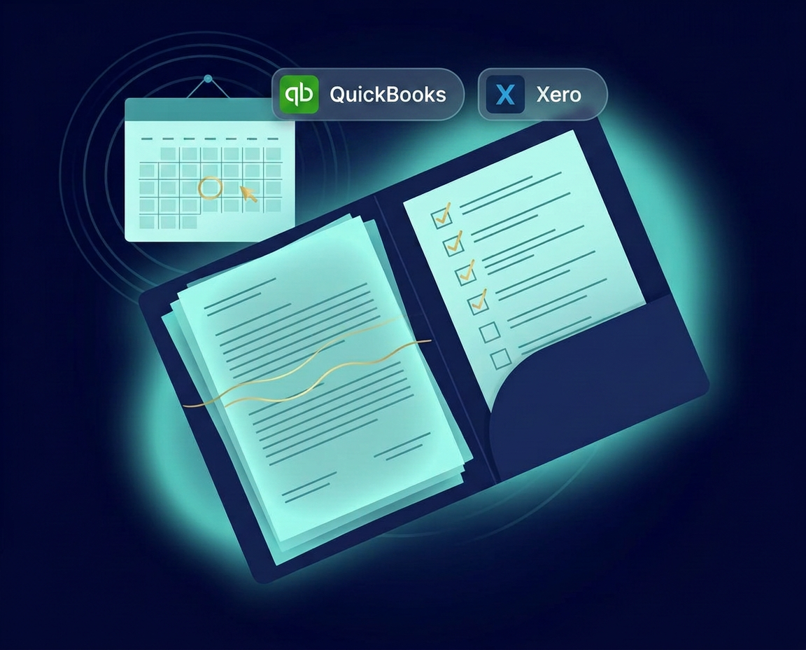 Editorial illustration of a tax-ready document folder with a checklist, a calendar with a circled deadline, and QuickBooks and Xero app badges on a deep navy background